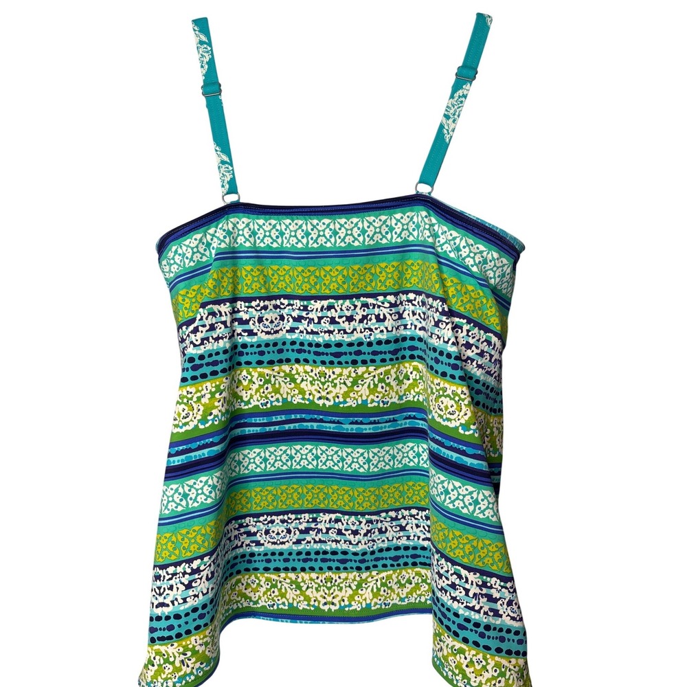 LANDS' END Teal Paisley Striped Tankini Top Sz 16 Underwire Bra Modest Swimwear - Picture 2 of 8
